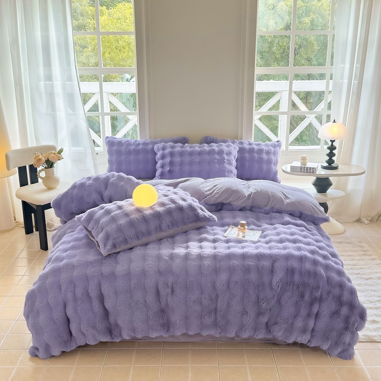 91家纺网 家纺一手货源 找家纺 品乐家纺 2025新款简约纯色A类220克泡泡兔绒四件套 纯色-星云紫