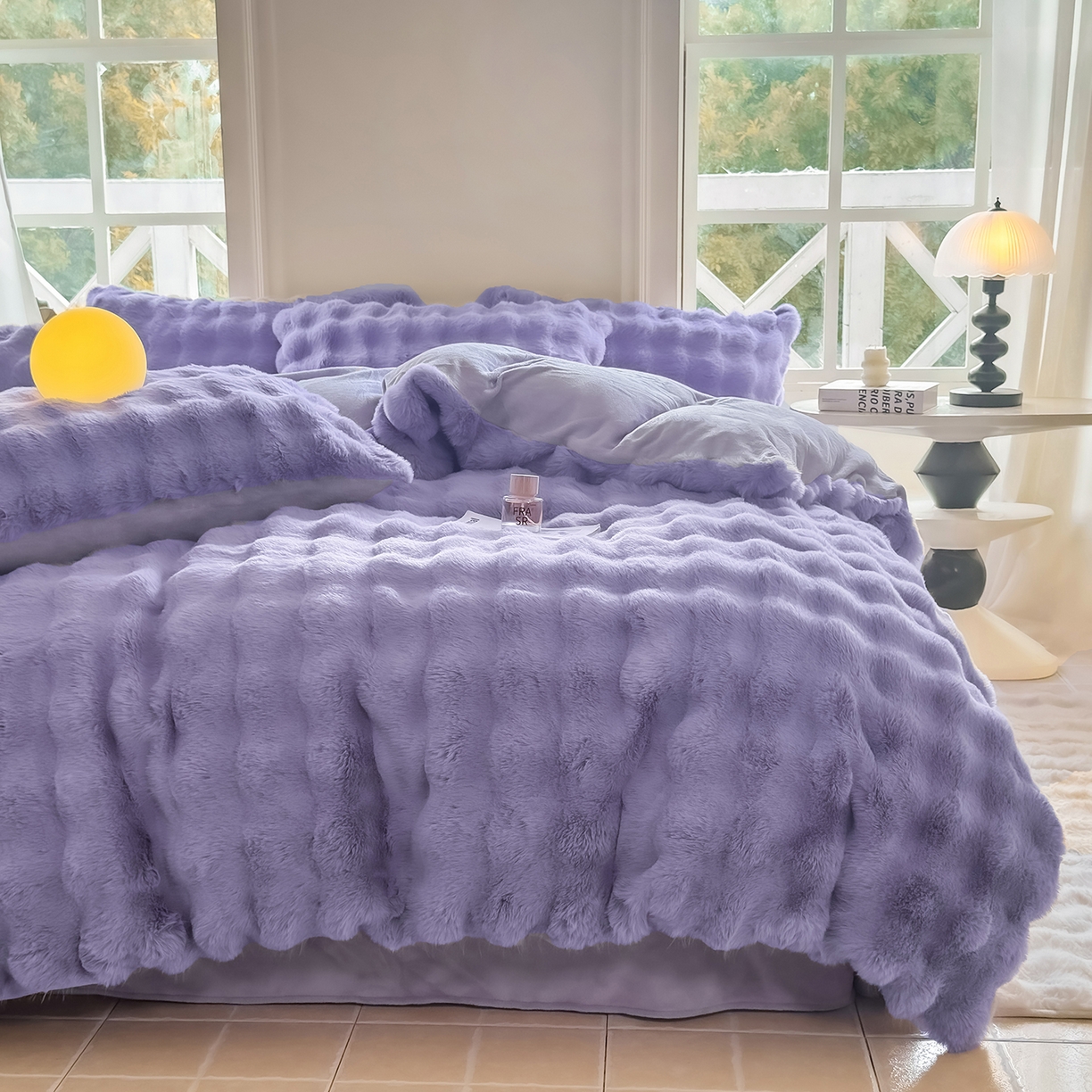 91家纺网 家纺一手货源 找家纺 品乐家纺 2025新款简约纯色A类220克泡泡兔绒四件套 纯色-星云紫