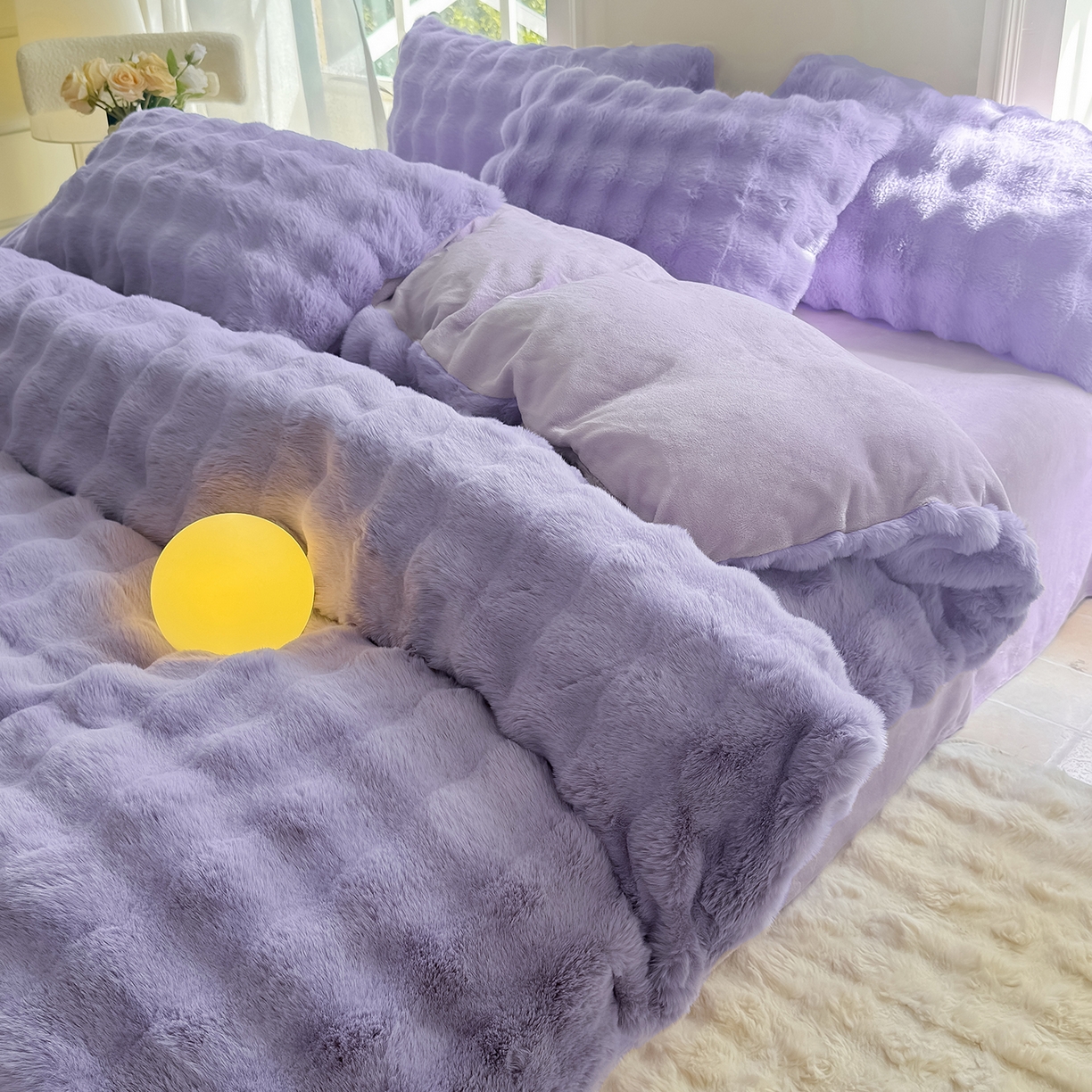 91家纺网 家纺一手货源 找家纺 品乐家纺 2025新款简约纯色A类220克泡泡兔绒四件套 纯色-星云紫