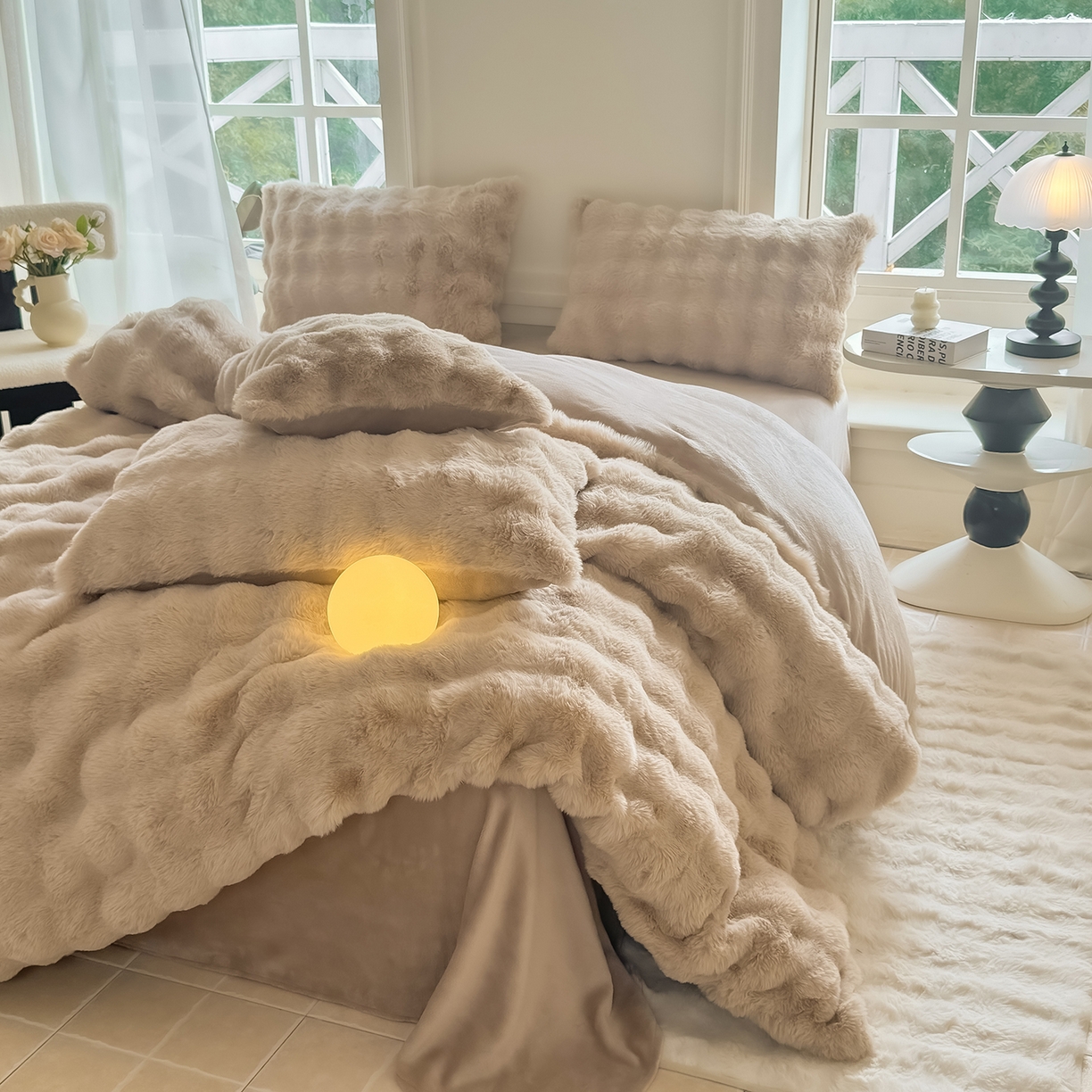 91家纺网 家纺一手货源 找家纺 品乐家纺 2025新款简约纯色A类220克泡泡兔绒四件套 纯色-杏仁咖