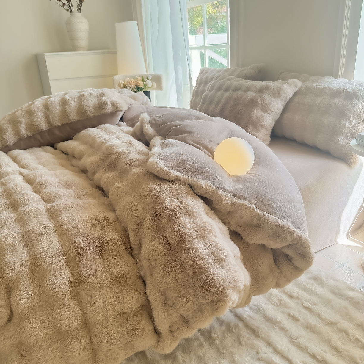 91家纺网 家纺一手货源 找家纺 品乐家纺 2025新款简约纯色A类220克泡泡兔绒四件套 纯色-杏仁咖