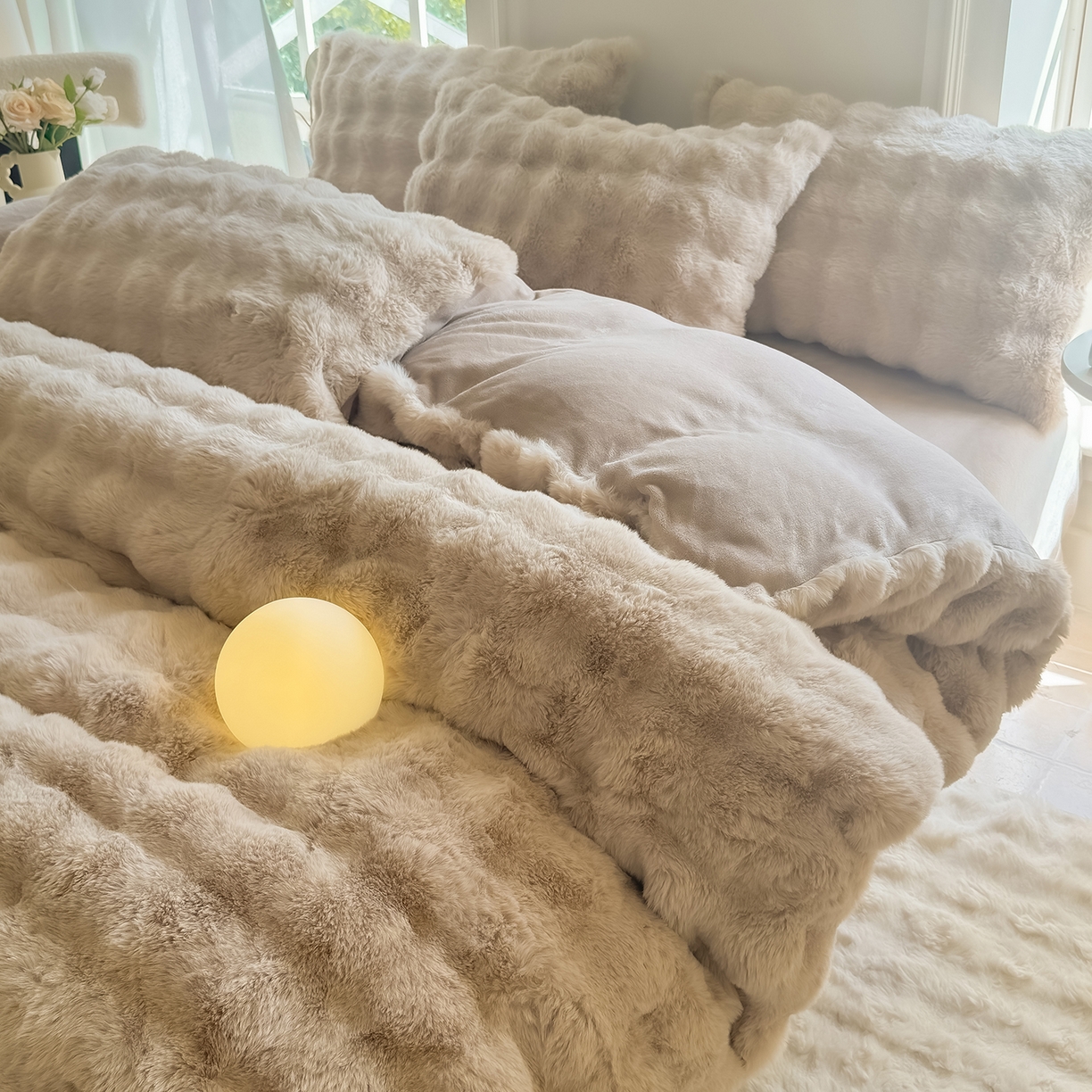 91家纺网 家纺一手货源 找家纺 品乐家纺 2025新款简约纯色A类220克泡泡兔绒四件套 纯色-杏仁咖