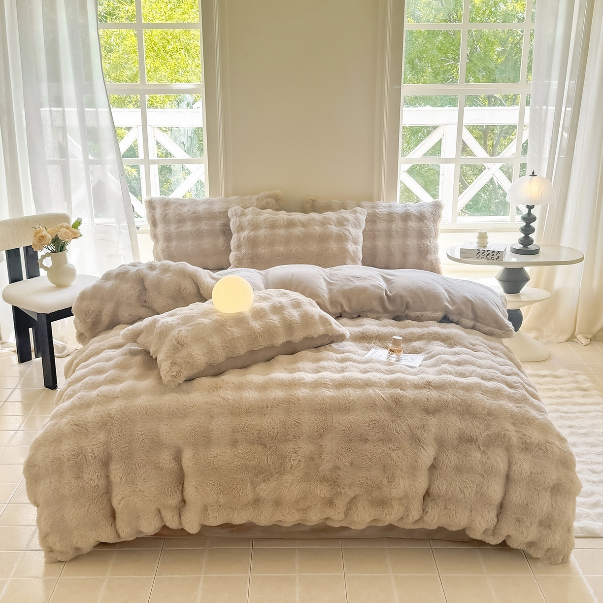 91家纺网 家纺一手货源 找家纺 品乐家纺 2025新款简约纯色A类220克泡泡兔绒四件套 纯色-杏仁咖