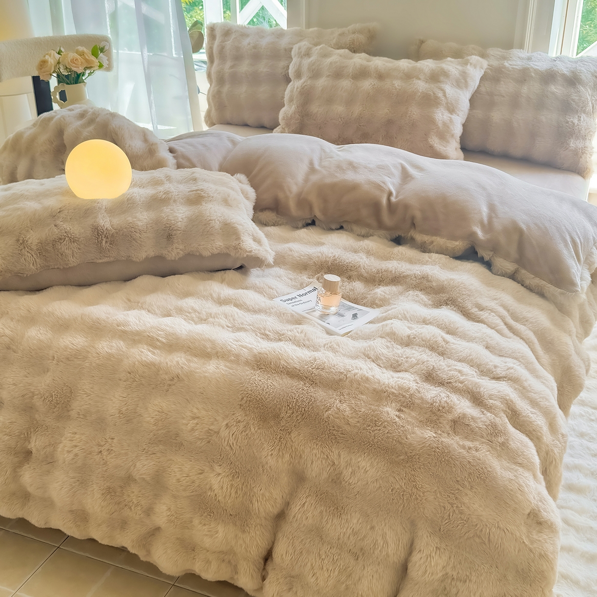 91家纺网 家纺一手货源 找家纺 品乐家纺 2025新款简约纯色A类220克泡泡兔绒四件套 纯色-杏仁咖