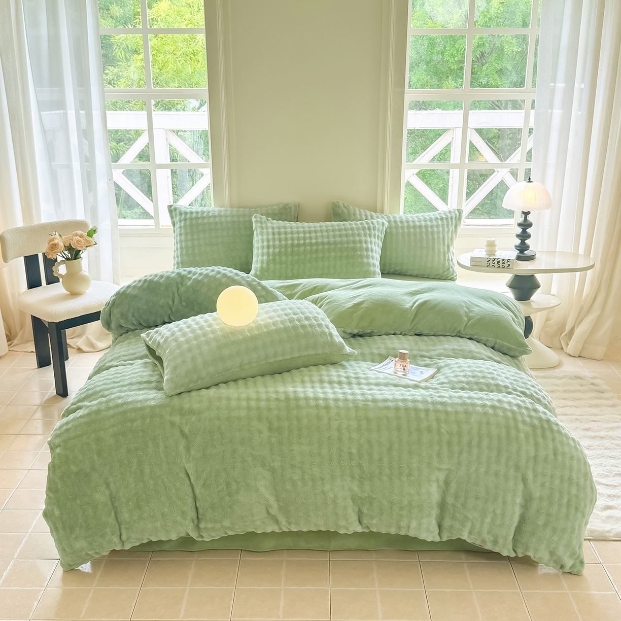 91家纺网 家纺一手货源 找家纺 品乐家纺 2025新款简约纯色A类220克泡泡兔绒四件套 纯色-云杉绿