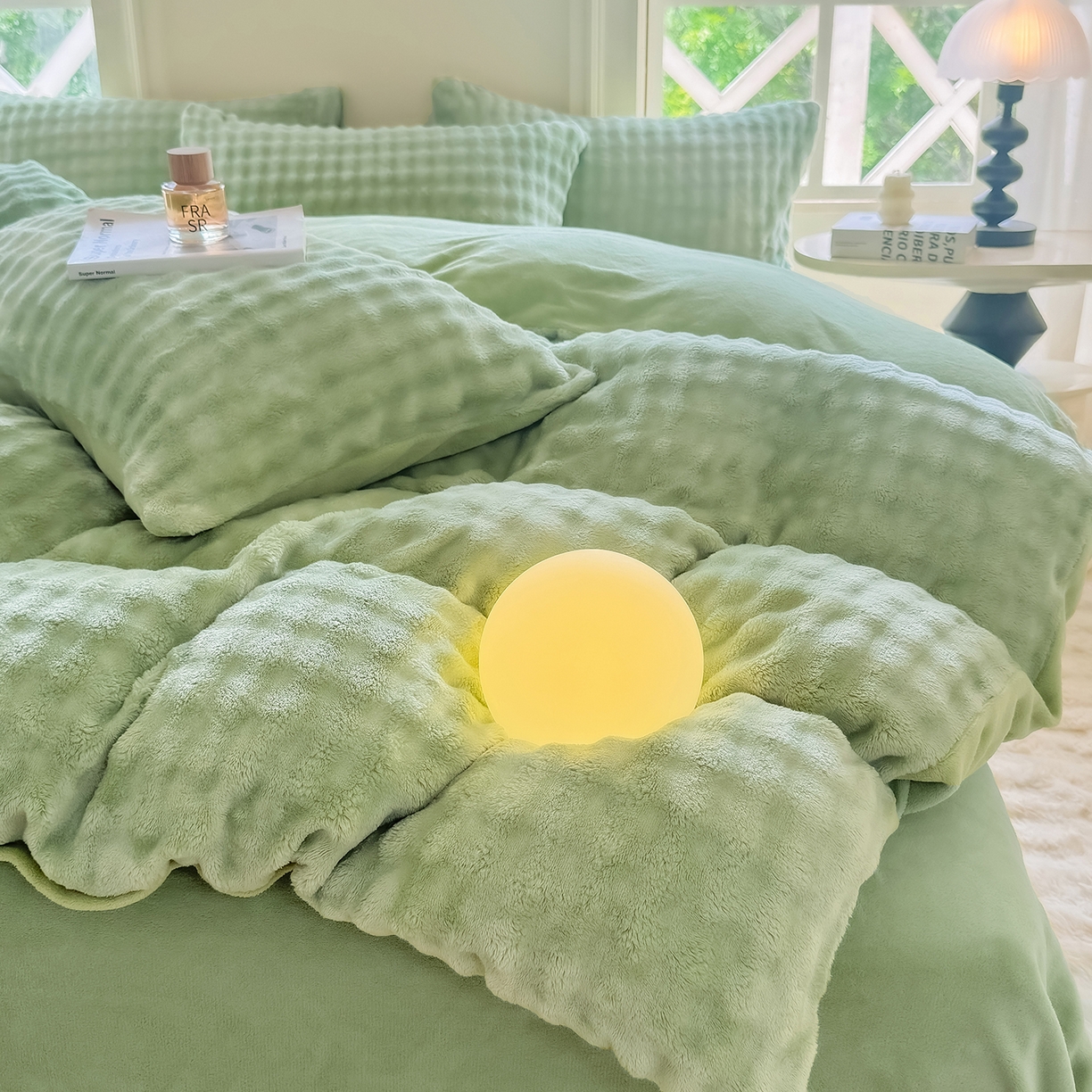 91家纺网 家纺一手货源 找家纺 品乐家纺 2025新款简约纯色A类220克泡泡兔绒四件套 纯色-云杉绿