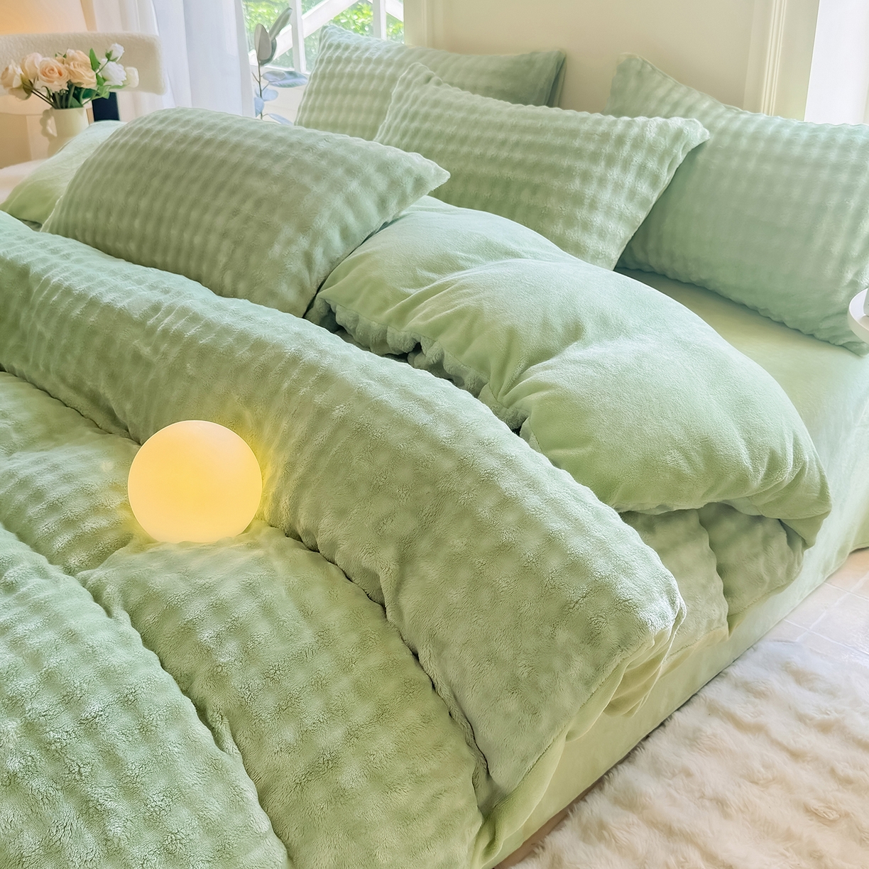 91家纺网 家纺一手货源 找家纺 品乐家纺 2025新款简约纯色A类220克泡泡兔绒四件套 纯色-云杉绿