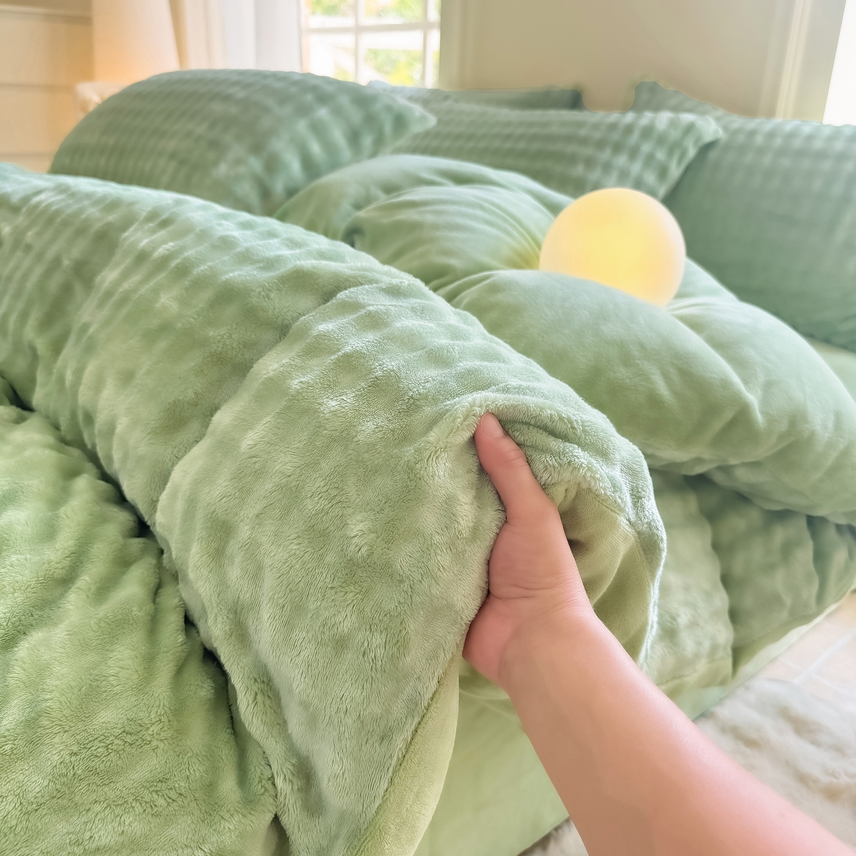 91家纺网 家纺一手货源 找家纺 品乐家纺 2025新款简约纯色A类220克泡泡兔绒四件套 纯色-云杉绿