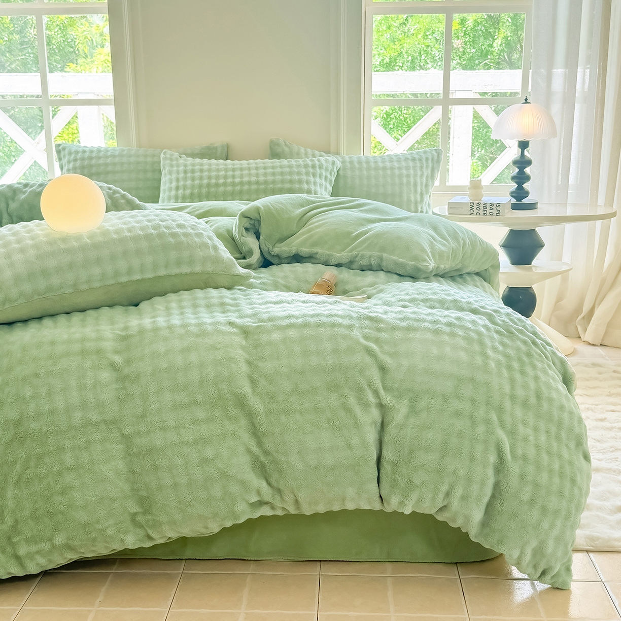 91家纺网 家纺一手货源 找家纺 品乐家纺 2025新款简约纯色A类220克泡泡兔绒四件套 纯色-云杉绿