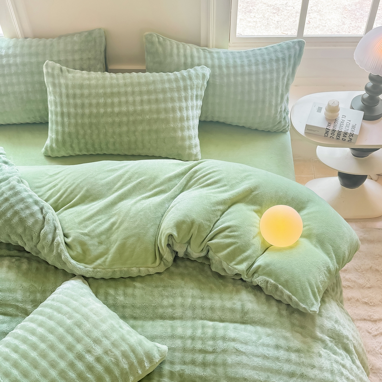 91家纺网 家纺一手货源 找家纺 品乐家纺 2025新款简约纯色A类220克泡泡兔绒四件套 纯色-云杉绿