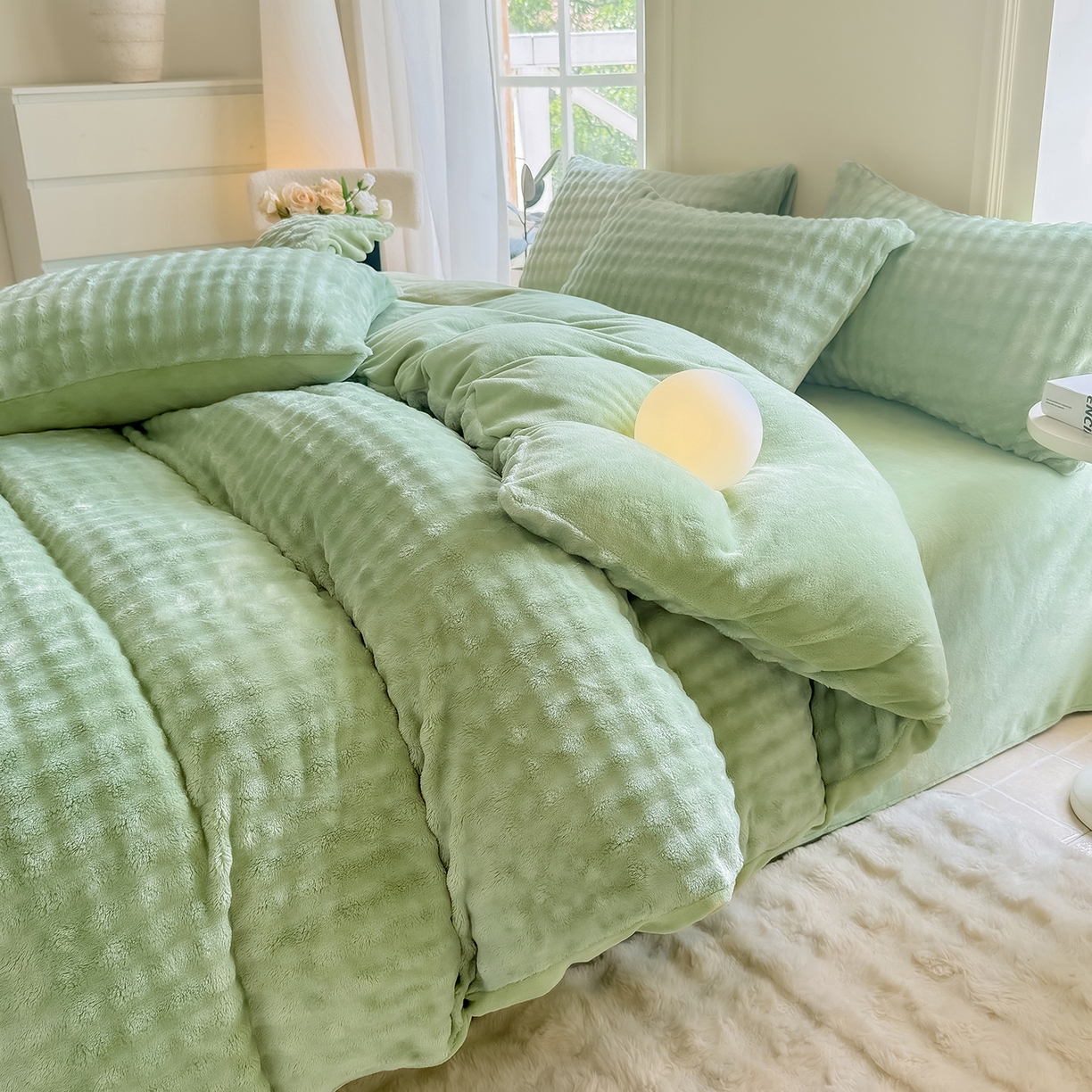 91家纺网 家纺一手货源 找家纺 品乐家纺 2025新款简约纯色A类220克泡泡兔绒四件套 纯色-云杉绿