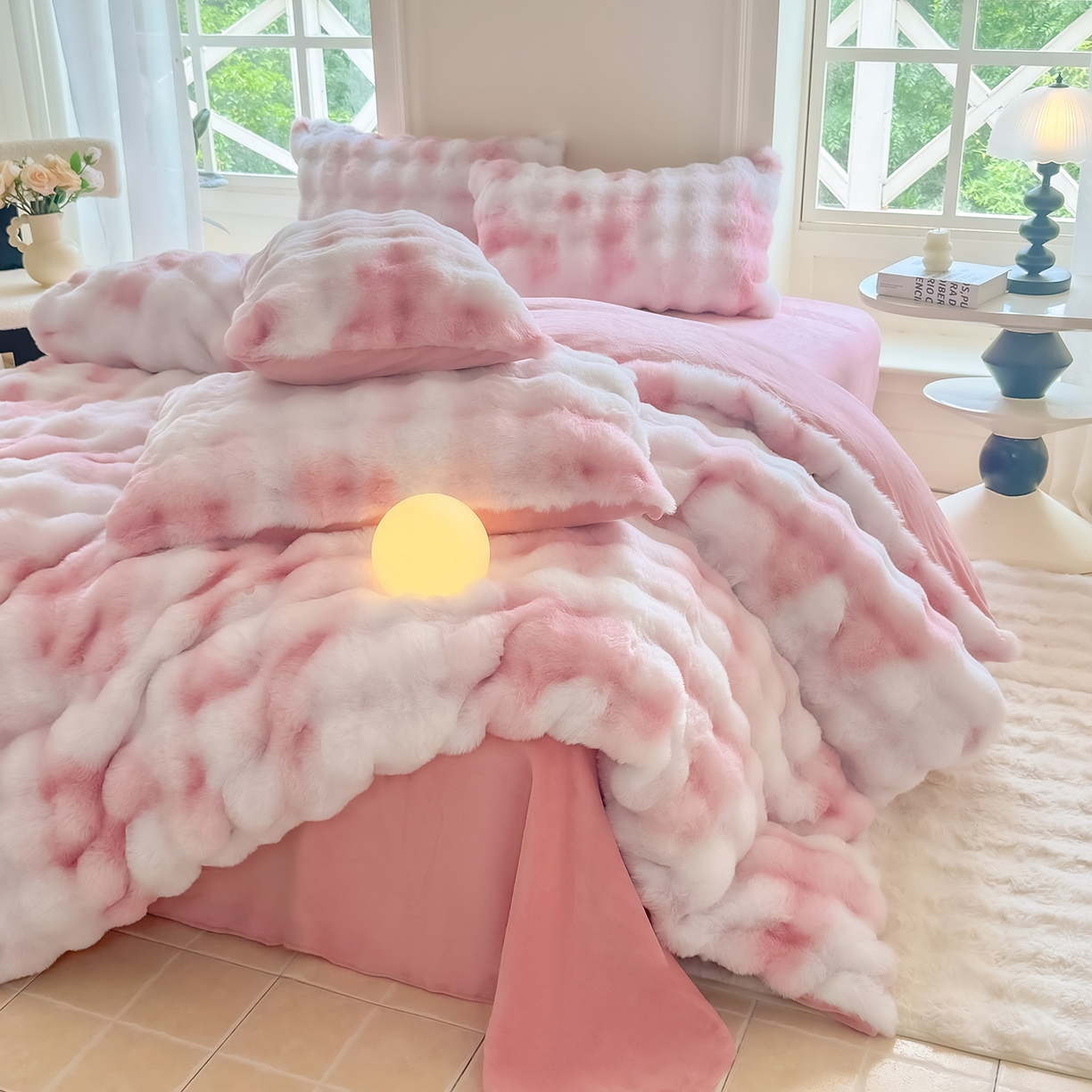 91家纺网 家纺一手货源 找家纺 品乐家纺 2025新款简约纯色A类220克泡泡兔绒四件套 渐变-绯月粉