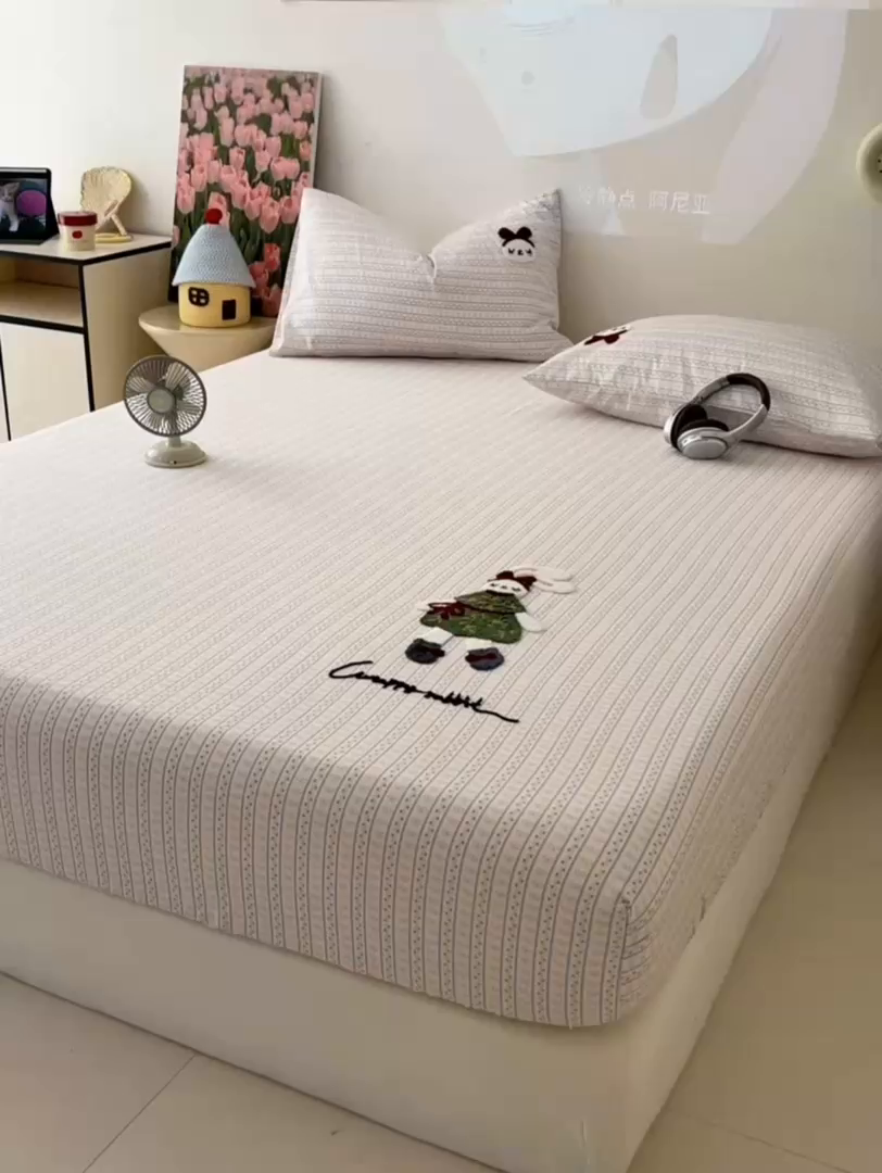 91家纺网 家纺一手货源 找家纺 舒居家纺 2025新款13070全棉纯棉毛巾绣床笠单品床笠单件单床笠 友谊结