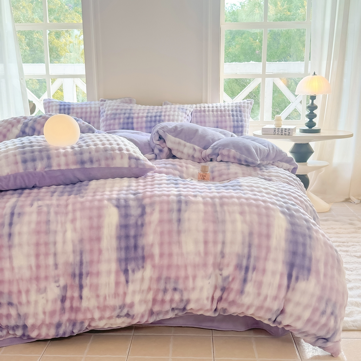 91家纺网 家纺一手货源 找家纺 品乐家纺 2025新款简约纯色A类220克泡泡兔绒四件套 渐变-极光紫