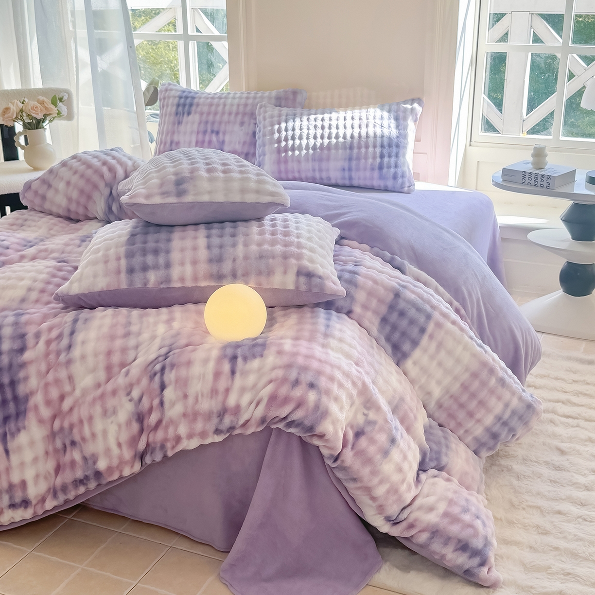 91家纺网 家纺一手货源 找家纺 品乐家纺 2025新款简约纯色A类220克泡泡兔绒四件套 渐变-极光紫