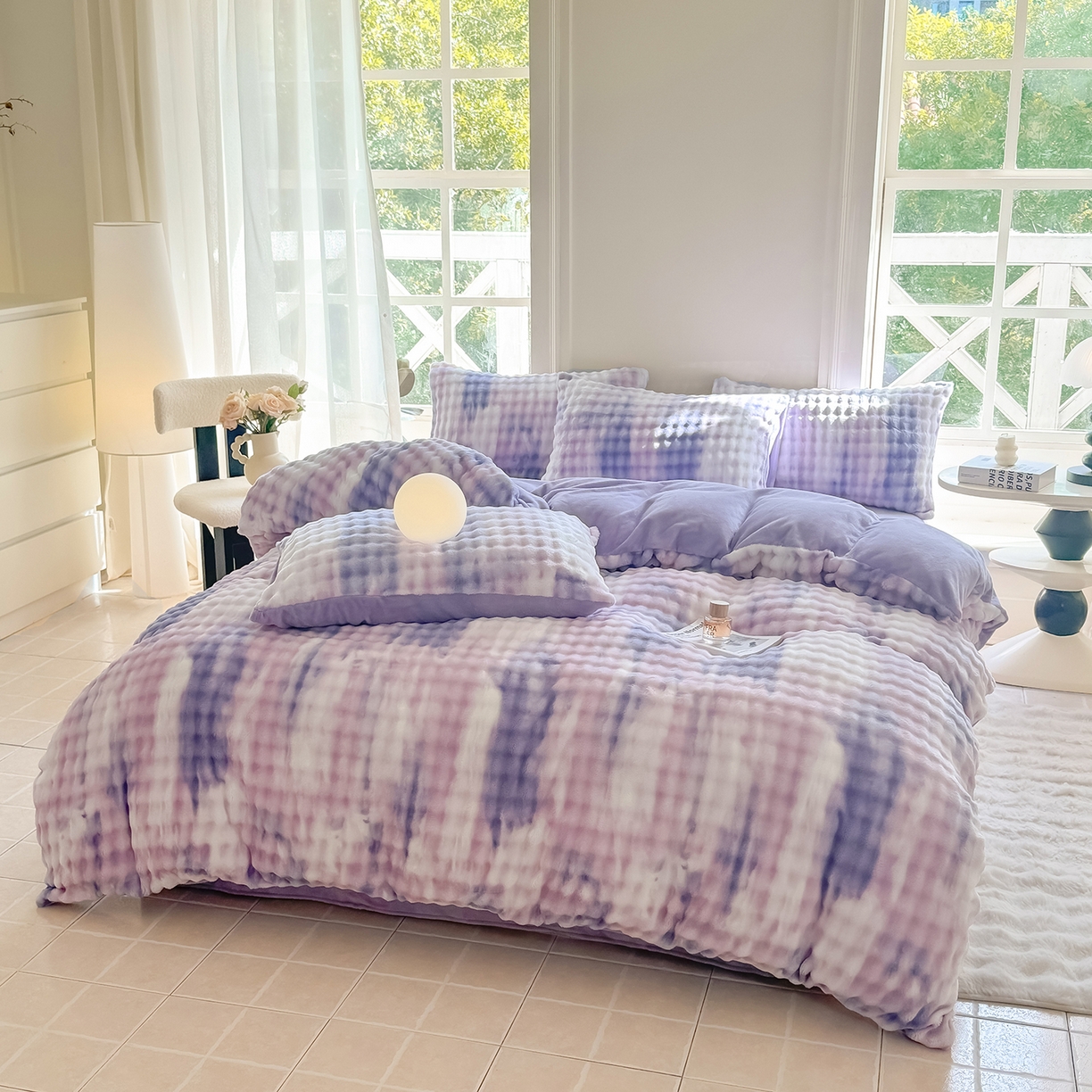 91家纺网 家纺一手货源 找家纺 品乐家纺 2025新款简约纯色A类220克泡泡兔绒四件套 渐变-极光紫