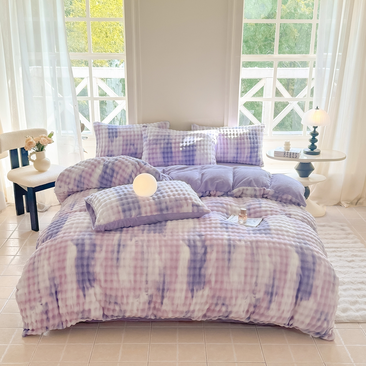 91家纺网 家纺一手货源 找家纺 品乐家纺 2025新款简约纯色A类220克泡泡兔绒四件套 渐变-极光紫