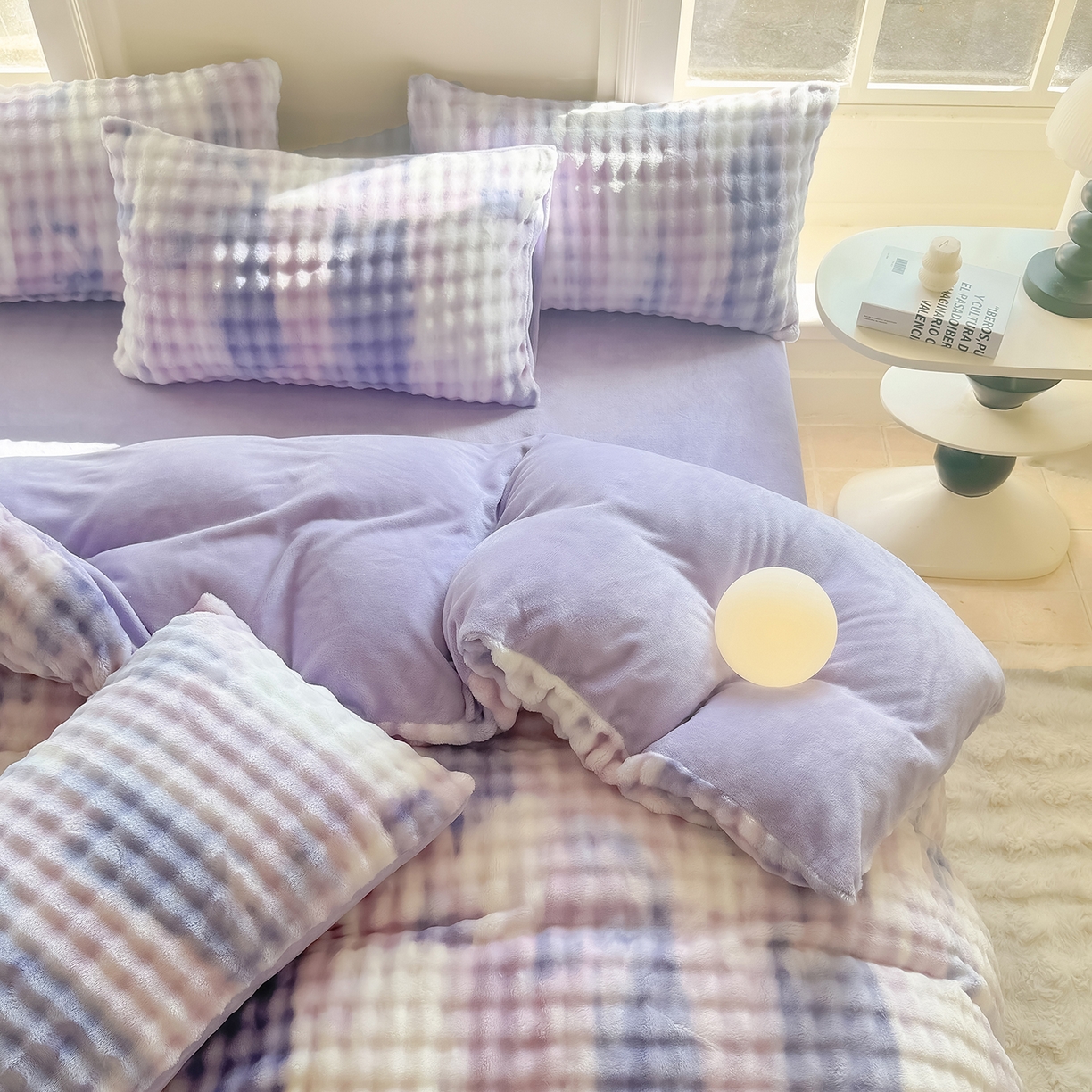 91家纺网 家纺一手货源 找家纺 品乐家纺 2025新款简约纯色A类220克泡泡兔绒四件套 渐变-极光紫