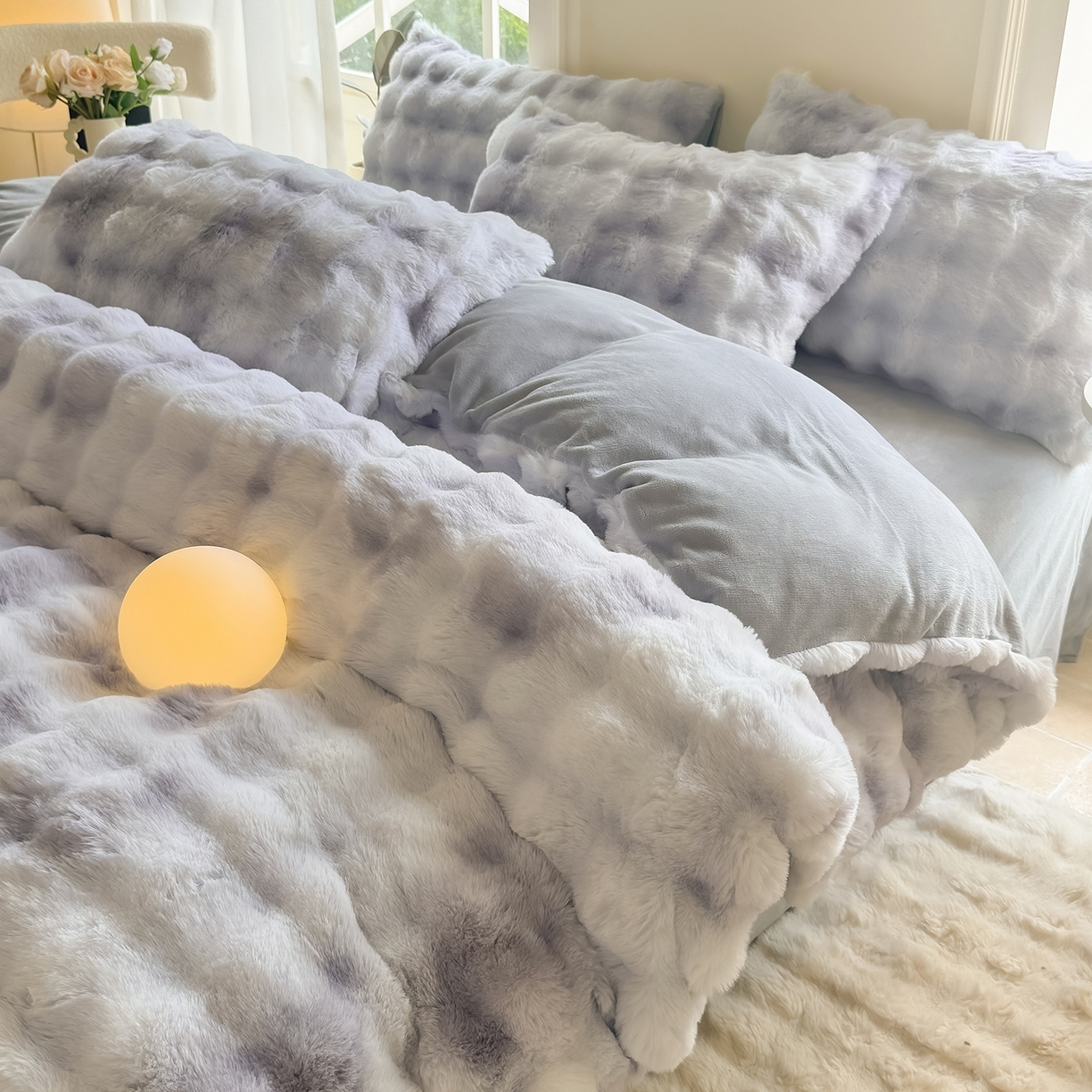 91家纺网 家纺一手货源 找家纺 品乐家纺 2025新款简约纯色A类220克泡泡兔绒四件套 渐变-莫奈灰