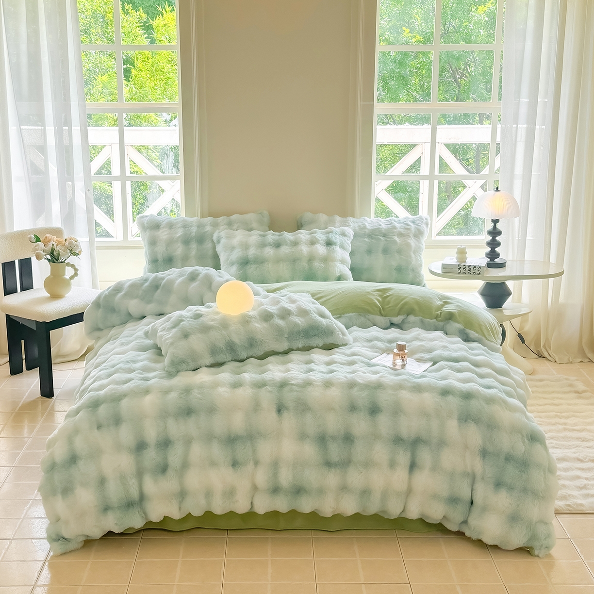 91家纺网 家纺一手货源 找家纺 品乐家纺 2025新款简约纯色A类220克泡泡兔绒四件套 渐变-雨露青