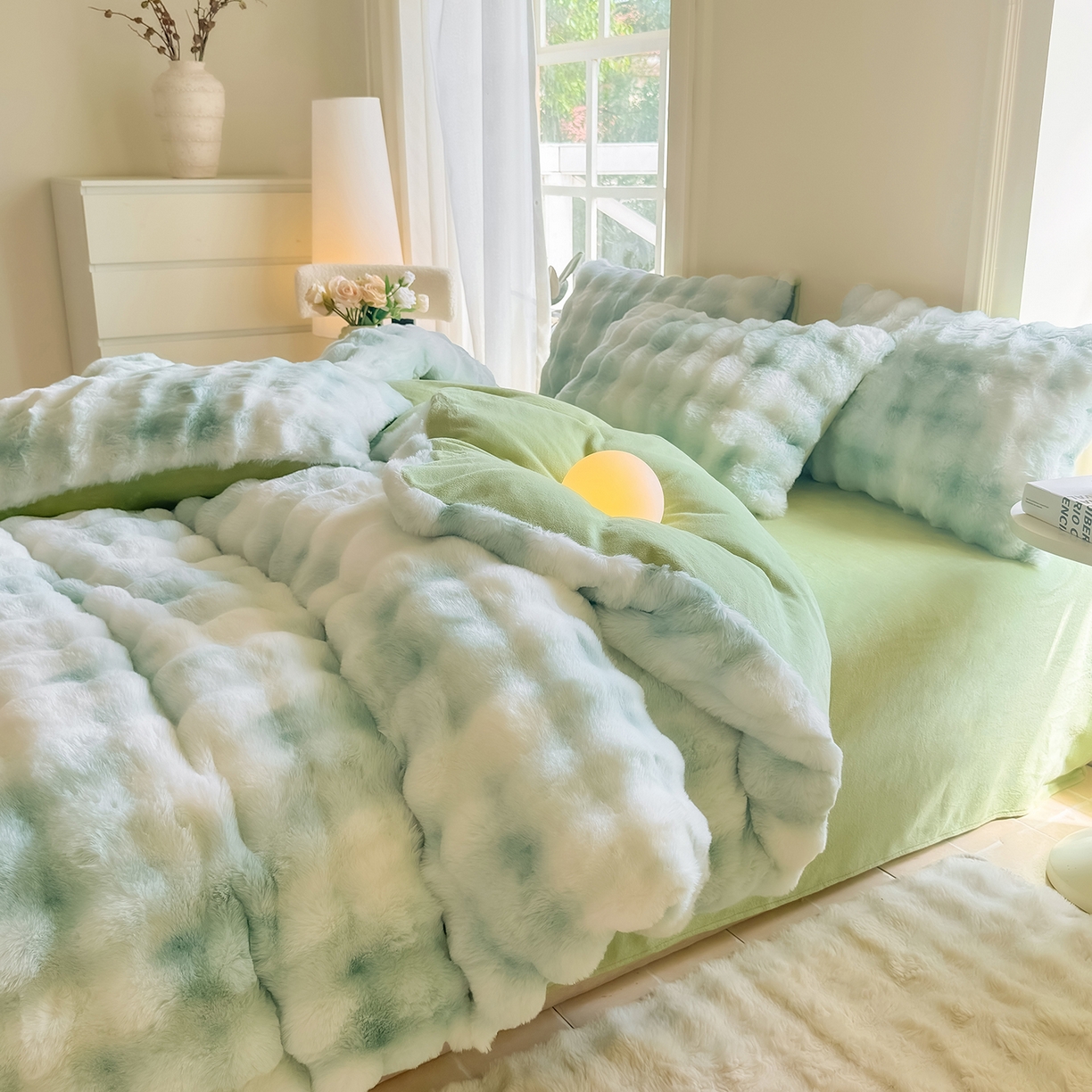 91家纺网 家纺一手货源 找家纺 品乐家纺 2025新款简约纯色A类220克泡泡兔绒四件套 渐变-雨露青