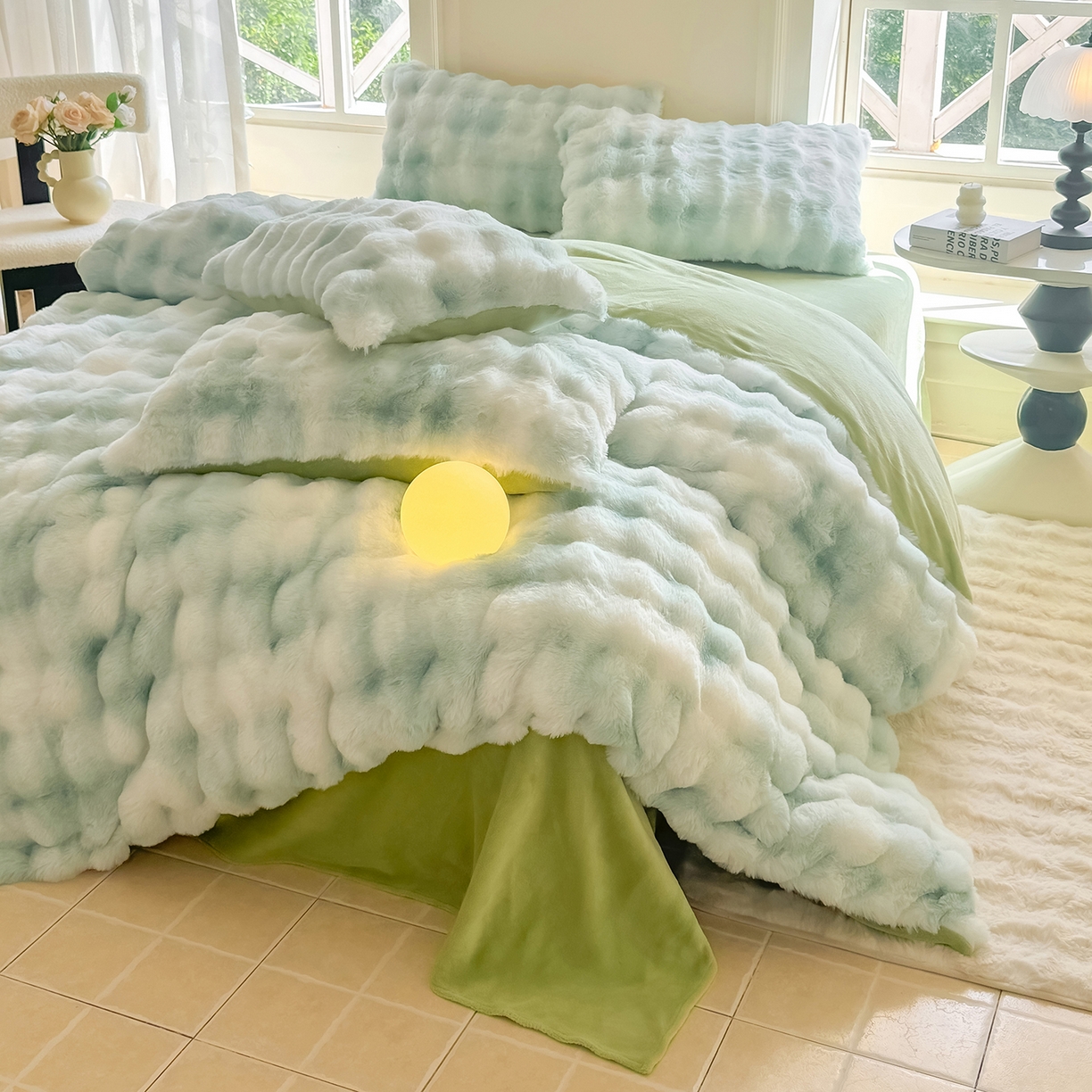 91家纺网 家纺一手货源 找家纺 品乐家纺 2025新款简约纯色A类220克泡泡兔绒四件套 渐变-雨露青