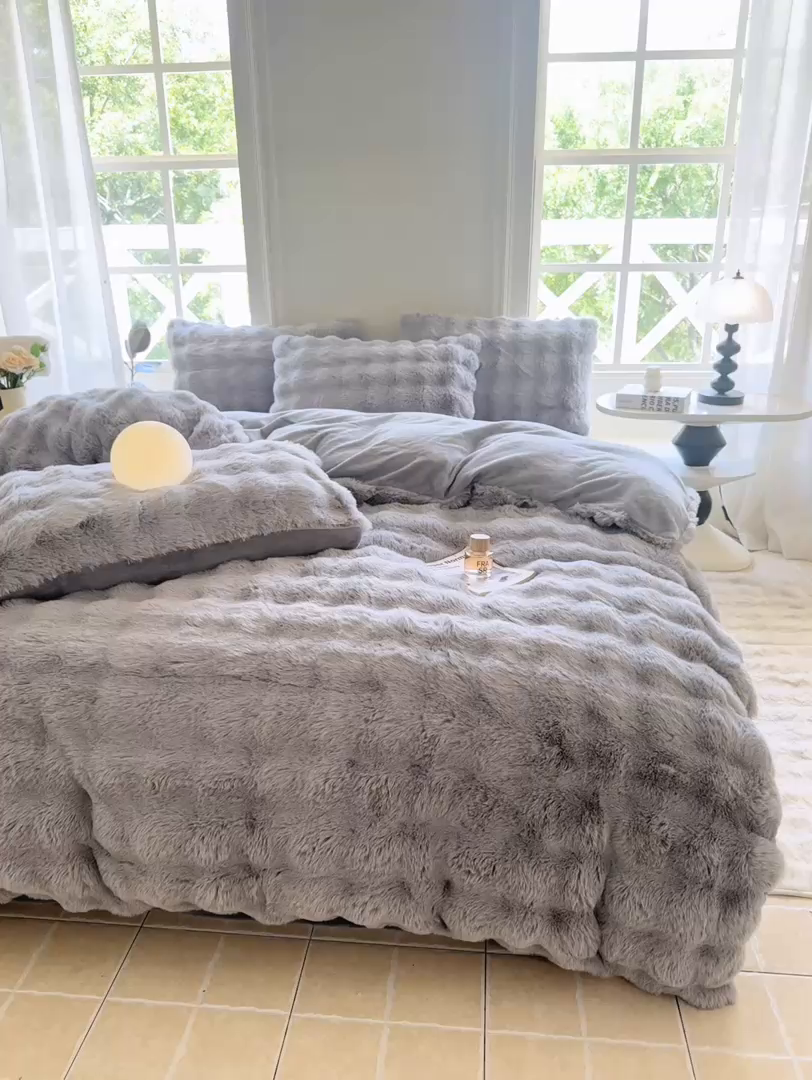 91家纺网 家纺一手货源 找家纺 品乐家纺 2025新款A类泡泡兔绒可拆洗冬被被子被芯（被套+被芯） 纯色-太空灰