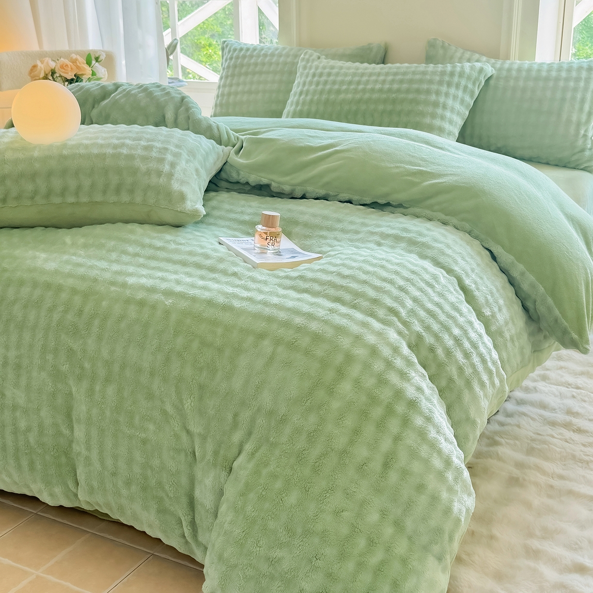 91家纺网 家纺一手货源 找家纺 品乐家纺 2025新款A类泡泡兔绒可拆洗冬被被子被芯（被套+被芯） 纯色-云杉绿
