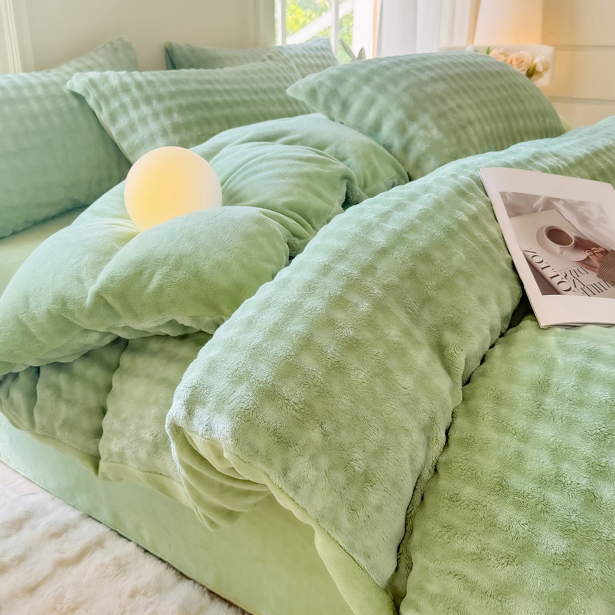 91家纺网 家纺一手货源 找家纺 品乐家纺 2025新款A类泡泡兔绒可拆洗冬被被子被芯（被套+被芯） 纯色-云杉绿