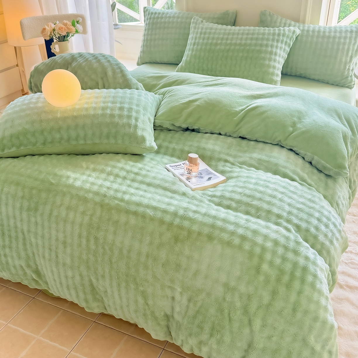 91家纺网 家纺一手货源 找家纺 品乐家纺 2025新款A类泡泡兔绒可拆洗冬被被子被芯（被套+被芯） 纯色-云杉绿