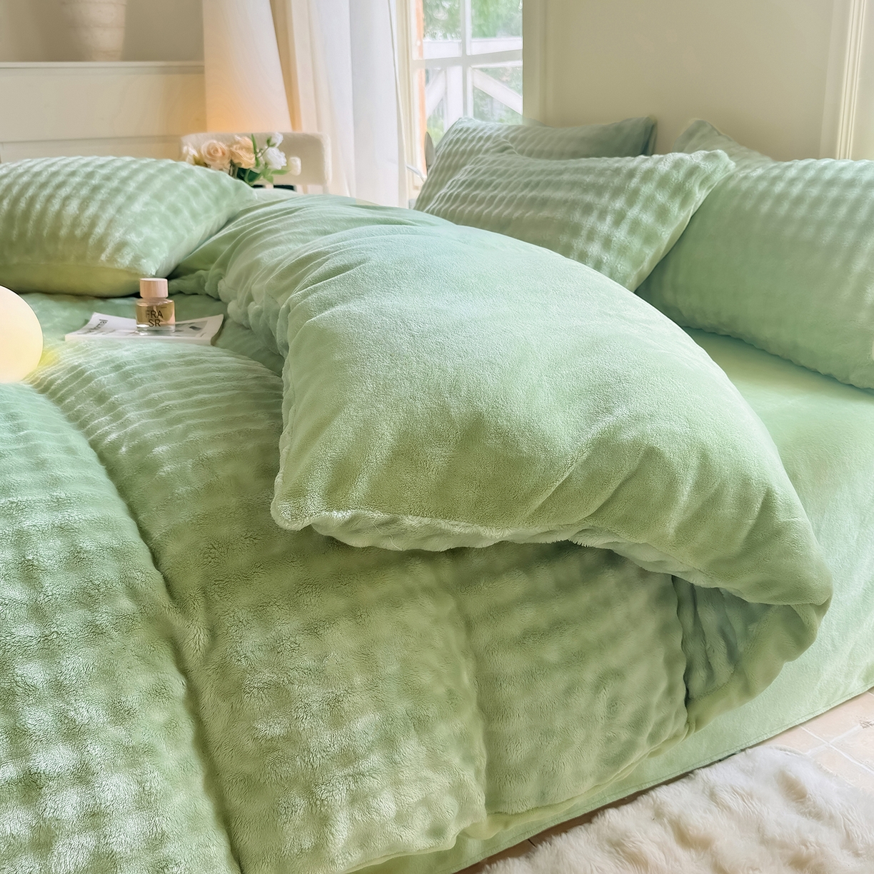 91家纺网 家纺一手货源 找家纺 品乐家纺 2025新款A类泡泡兔绒可拆洗冬被被子被芯（被套+被芯） 纯色-云杉绿