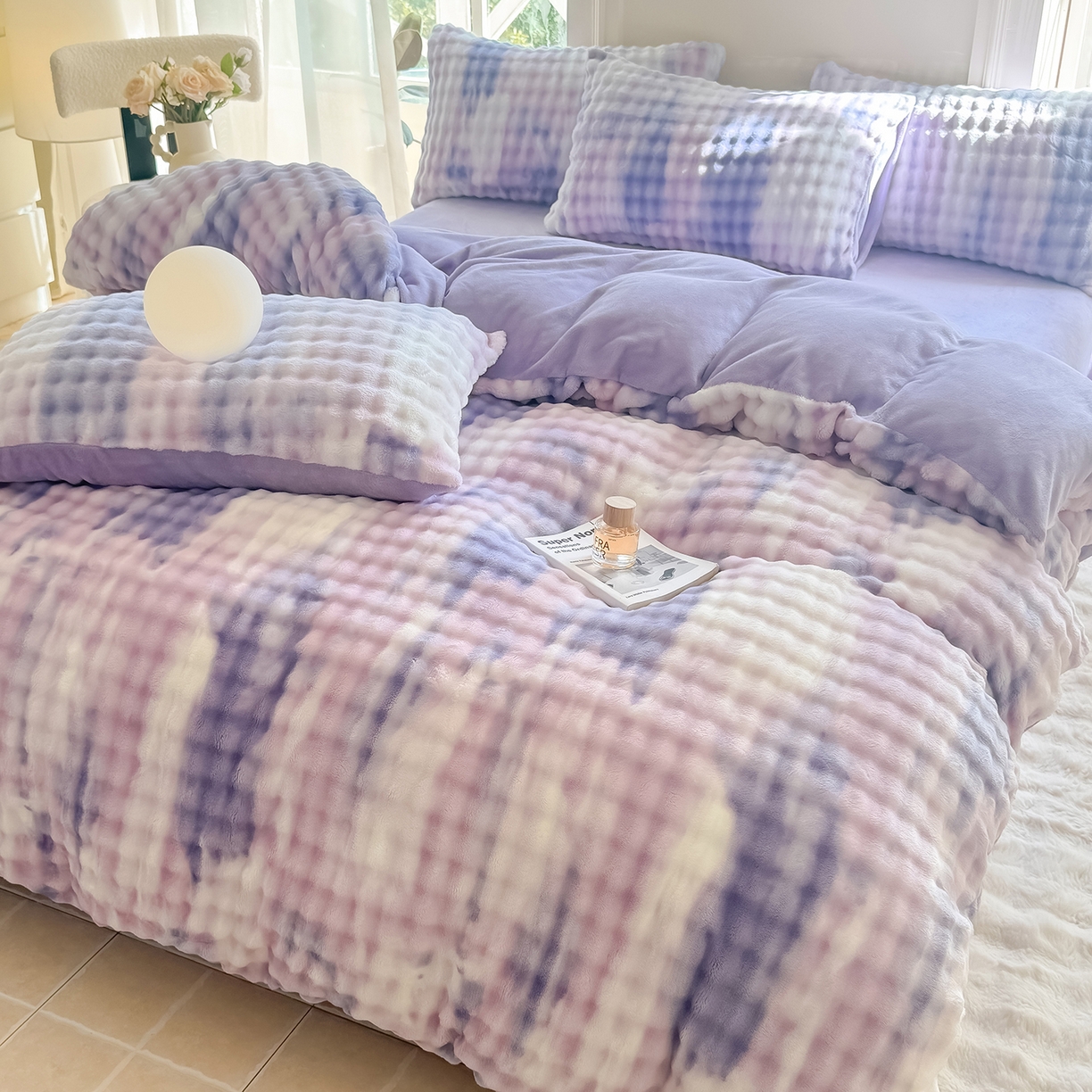91家纺网 家纺一手货源 找家纺 品乐家纺 2025新款A类泡泡兔绒可拆洗冬被被子被芯（被套+被芯） 渐变-极光紫