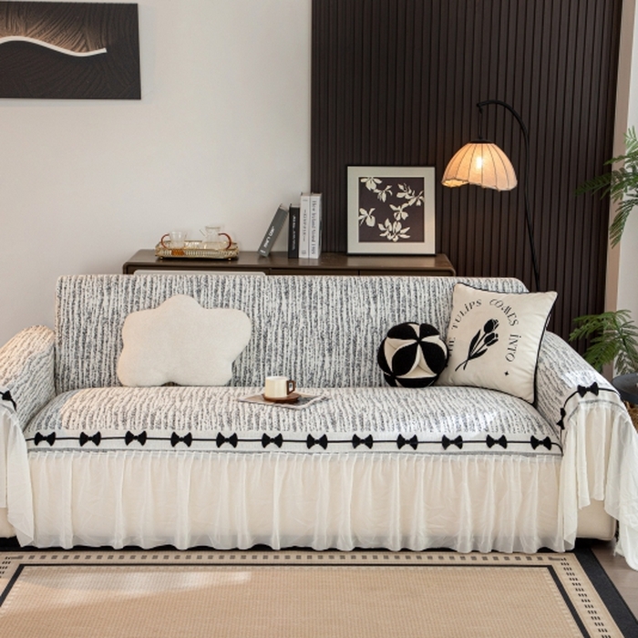 91家纺网 家纺一手货源 找家纺 沐沐家纺 2026新款宛柔蝴蝶结裙边沙发巾 黑色