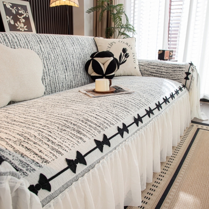 91家纺网 家纺一手货源 找家纺 沐沐家纺 2026新款宛柔蝴蝶结裙边沙发巾 黑色