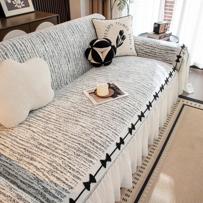 91家纺网 家纺一手货源 找家纺 沐沐家纺 2026新款宛柔蝴蝶结裙边沙发巾 黑色