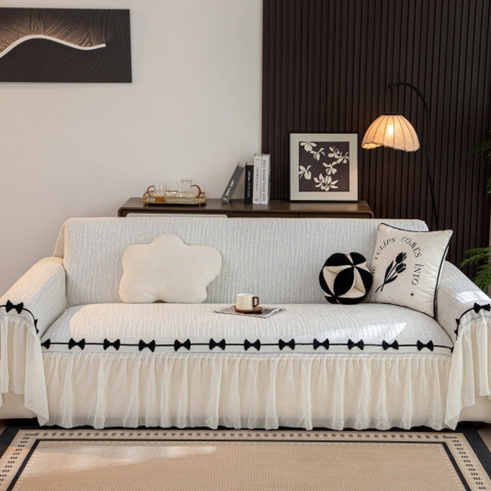 91家纺网 家纺一手货源 找家纺 沐沐家纺 2026新款宛柔蝴蝶结裙边沙发巾 灰色