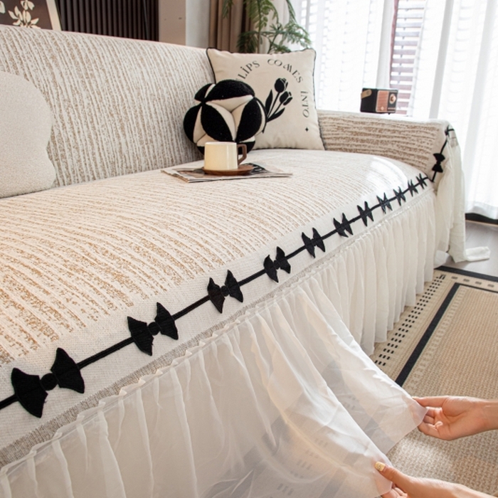 沐沐家纺 2026新款宛柔蝴蝶结裙边沙发巾 驼色