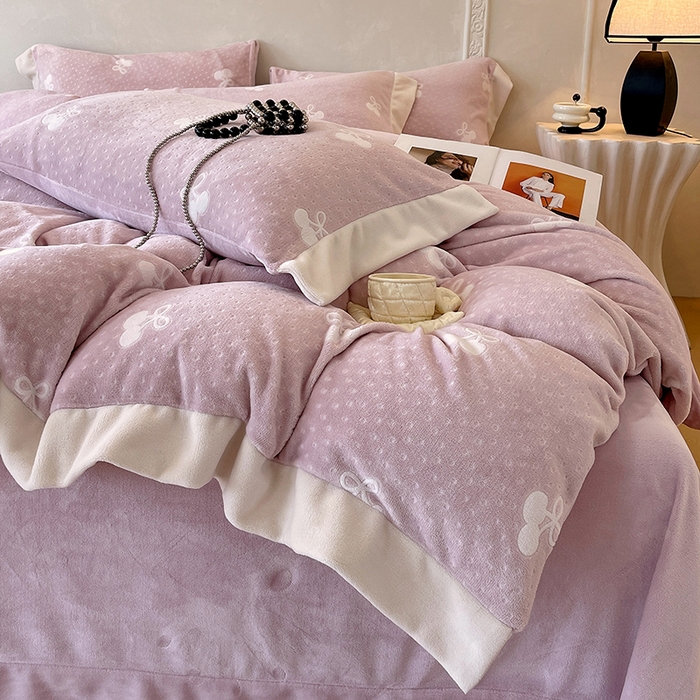 梧桐树 2025新款宽边雕花高克重牛奶绒四件套系列 R07樱桃-粉