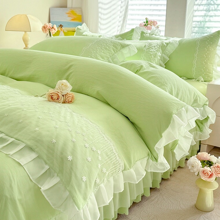 91家纺网 家纺一手货源 找家纺 （总）舒咪欧2025春夏韩版法式公主风水洗棉床（悠然春日）,悠然春日-薄荷绿,悠然春日-丁香紫,悠然春日-蔬果绿,悠然春日-天空蓝,悠然春日-樱花粉