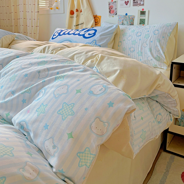 91家纺网 家纺一手货源 找家纺 港岛妹妹 2025新款105克软绵绵大版枕套四件套系列-大床图（有买家秀）星星凯蒂蓝