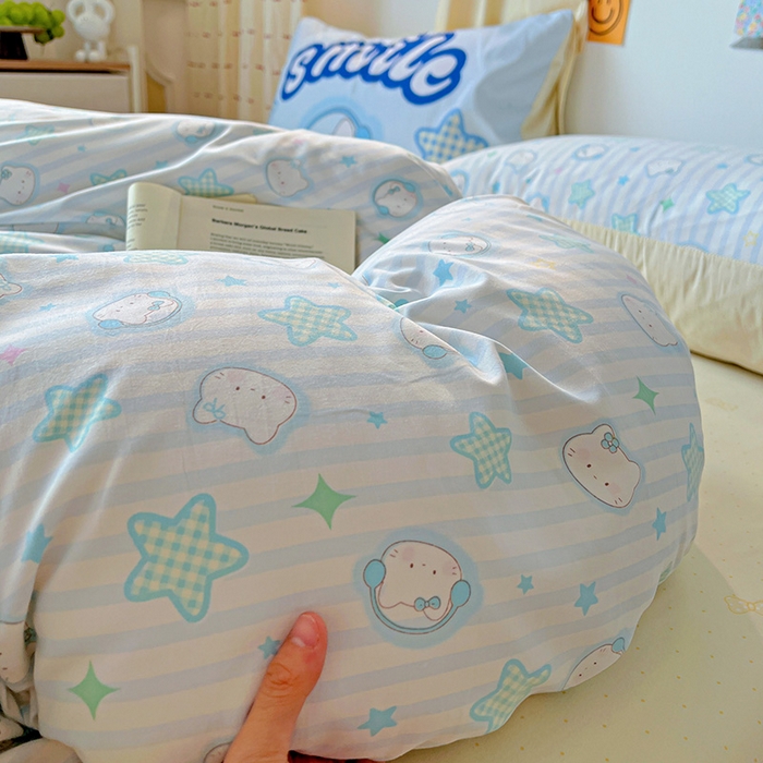 91家纺网 家纺一手货源 找家纺 港岛妹妹 2025新款105克软绵绵大版枕套四件套系列-大床图（有买家秀）星星凯蒂蓝