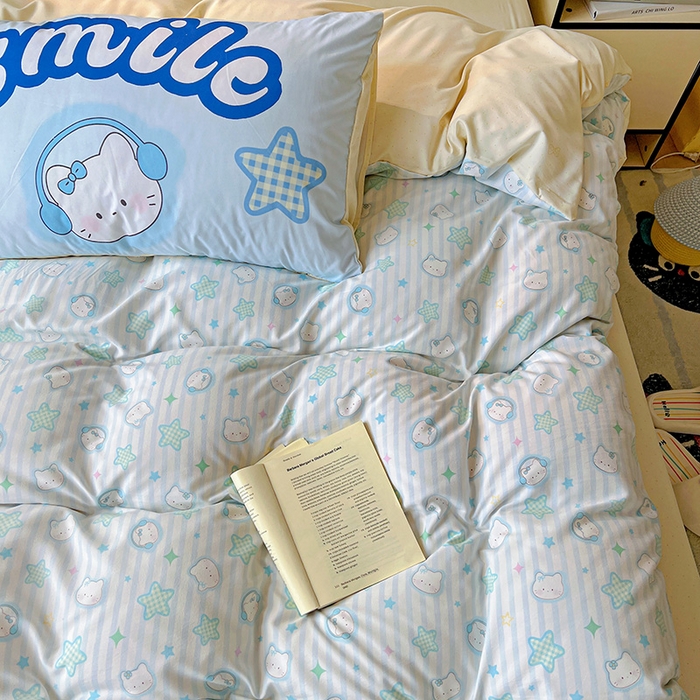 91家纺网 家纺一手货源 找家纺 港岛妹妹 2025新款105克软绵绵大版枕套四件套系列-大床图（有买家秀）星星凯蒂蓝