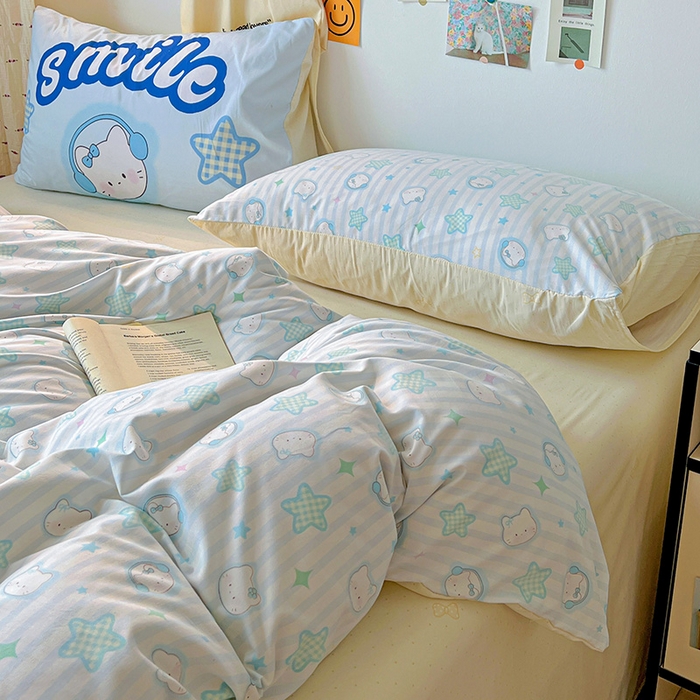 91家纺网 家纺一手货源 找家纺 港岛妹妹 2025新款105克软绵绵大版枕套四件套系列-大床图（有买家秀）星星凯蒂蓝