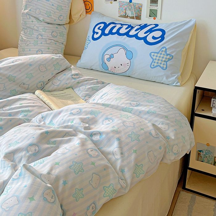 91家纺网 家纺一手货源 找家纺 港岛妹妹 2025新款105克软绵绵大版枕套四件套系列-大床图（有买家秀）星星凯蒂蓝