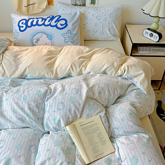 91家纺网 家纺一手货源 找家纺 港岛妹妹 2025新款105克软绵绵大版枕套四件套系列-大床图（有买家秀）星星凯蒂蓝