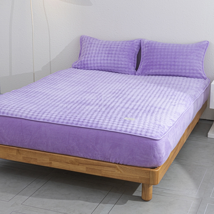 91家纺网 家纺一手货源 找家纺 恩和家纺 2025新款泡泡牛奶绒床笠 紫色