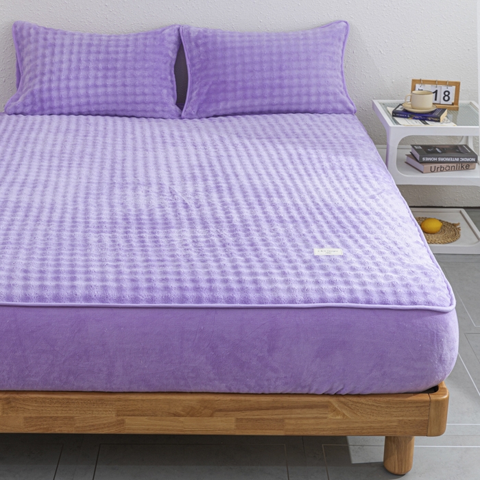 91家纺网 家纺一手货源 找家纺 恩和家纺 2025新款泡泡牛奶绒床笠 紫色