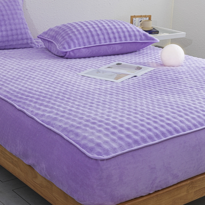 91家纺网 家纺一手货源 找家纺 恩和家纺 2025新款泡泡牛奶绒床笠 紫色