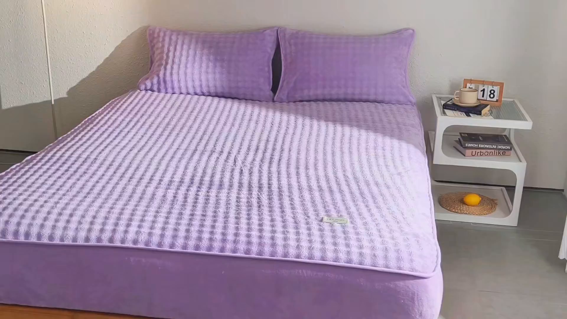 91家纺网 家纺一手货源 找家纺 恩和家纺 2025新款泡泡牛奶绒床笠 紫色