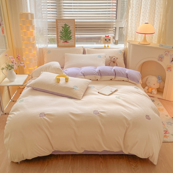 91家纺网 家纺一手货源 找家纺 857家居 2025新款高克重牛奶绒刺绣四件套 七彩怪兽